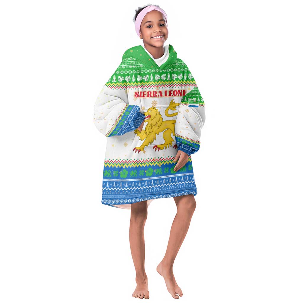 Sierra Leone Christmas Kid Wearable Blanket Hoodie Festive Pattern Golden Lion Emblem and Santa Sleigh - African Pride