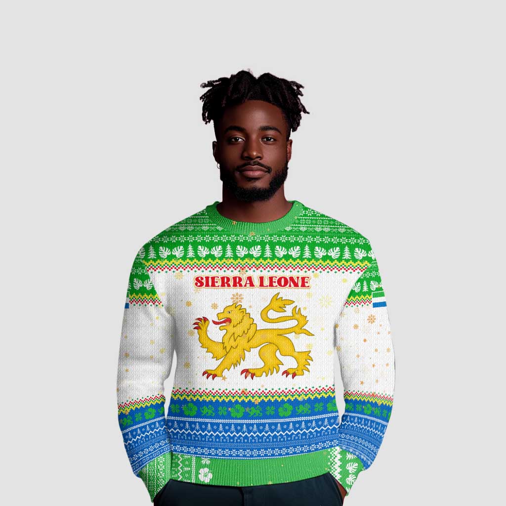 Sierra Leone Christmas Ugly Christmas Sweater Festive Pattern Golden Lion Emblem and Santa Sleigh - African Pride