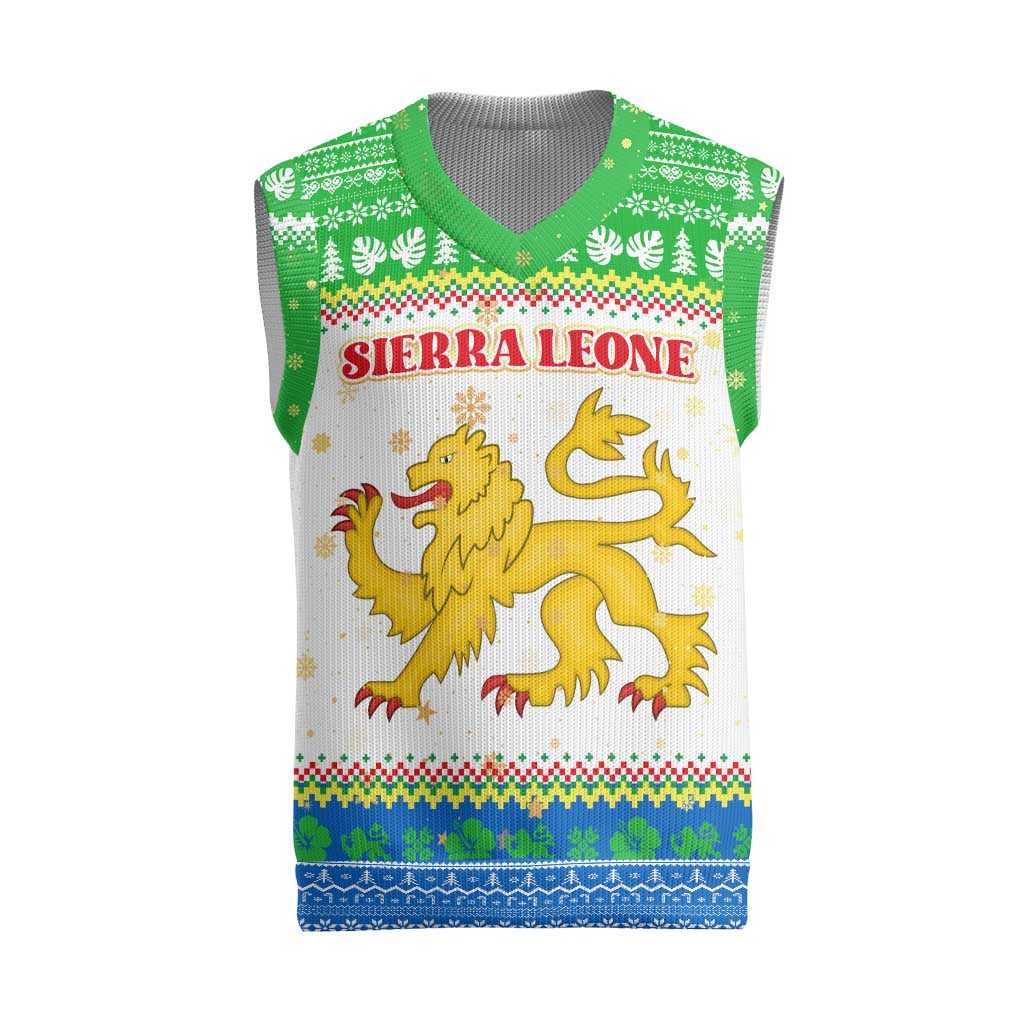 Sierra Leone Christmas Knitted V-Neck Vest Festive Pattern Golden Lion Emblem and Santa Sleigh - African Pride