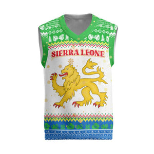 Sierra Leone Christmas Knitted V-Neck Vest Festive Pattern Golden Lion Emblem and Santa Sleigh - African Pride