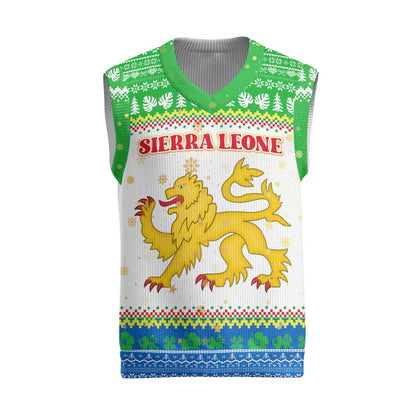 Sierra Leone Christmas Knitted V-Neck Vest Festive Pattern Golden Lion Emblem and Santa Sleigh - African Pride