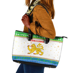 Sierra Leone Christmas Leather Tote Bag Festive Pattern Golden Lion Emblem and Santa Sleigh - African Pride