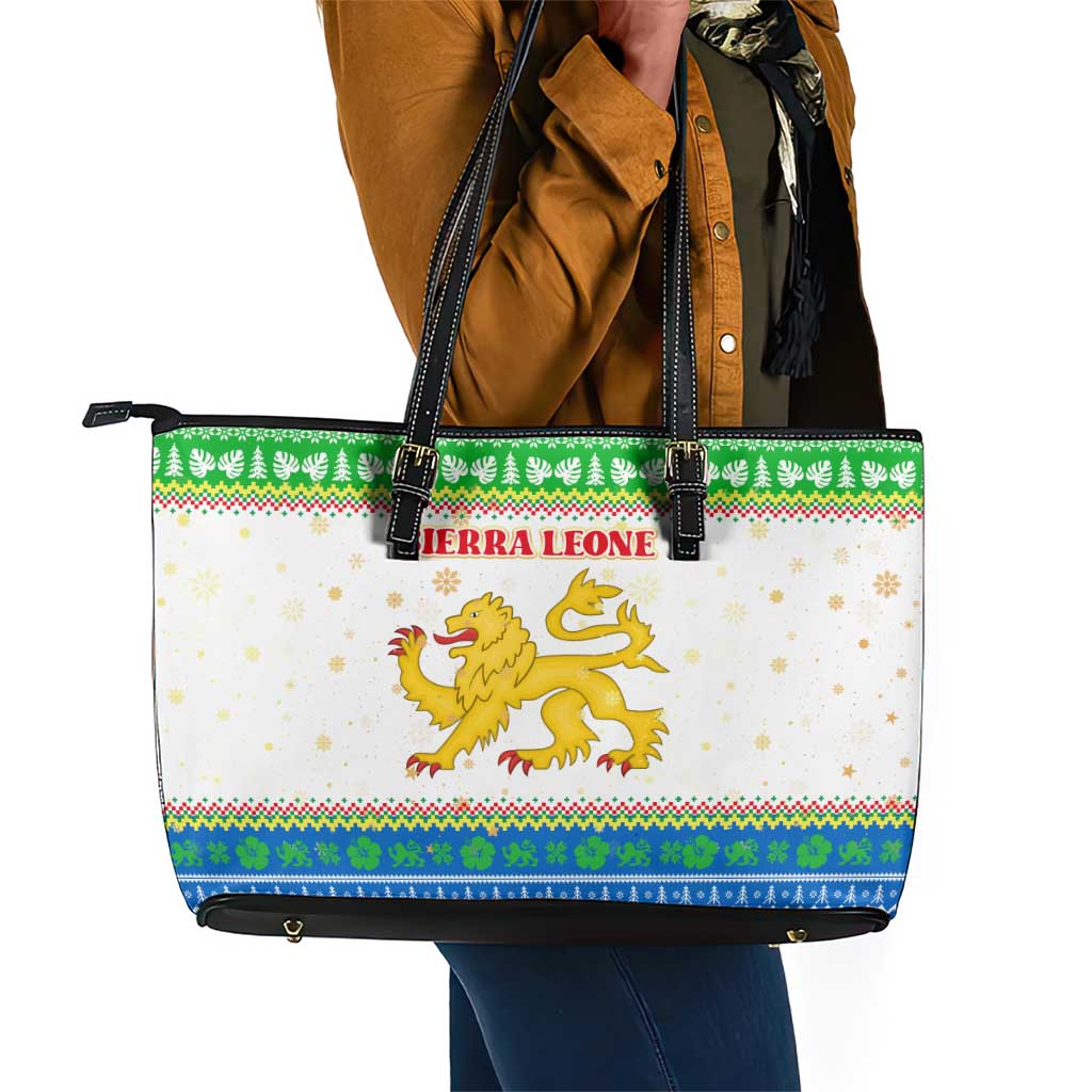 Sierra Leone Christmas Leather Tote Bag Festive Pattern Golden Lion Emblem and Santa Sleigh - African Pride