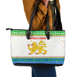 Sierra Leone Christmas Leather Tote Bag Festive Pattern Golden Lion Emblem and Santa Sleigh - African Pride