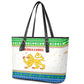 Sierra Leone Christmas Leather Tote Bag Festive Pattern Golden Lion Emblem and Santa Sleigh - African Pride
