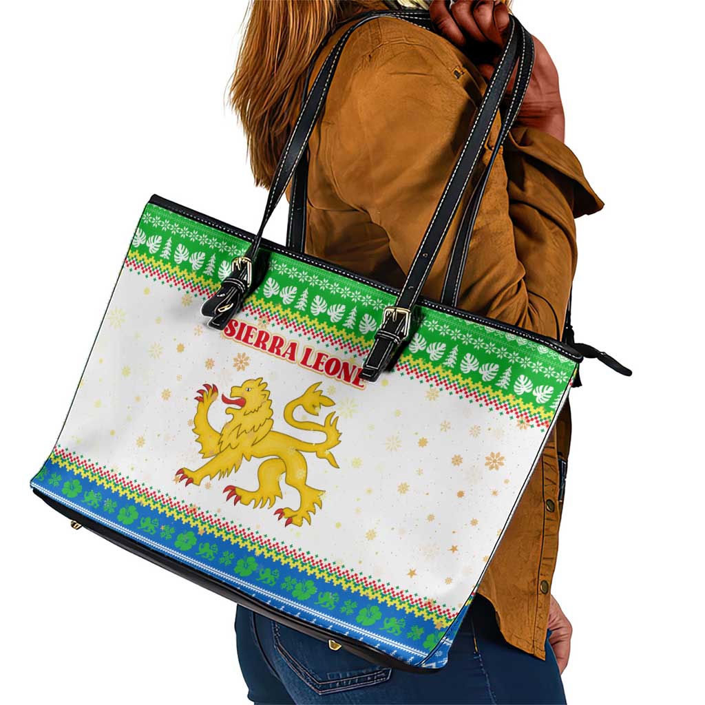 Sierra Leone Christmas Leather Tote Bag Festive Pattern Golden Lion Emblem and Santa Sleigh - African Pride