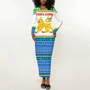 Sierra Leone Christmas Long Sleeve Bodycon Dress Festive Pattern Golden Lion Emblem and Santa Sleigh - African Pride