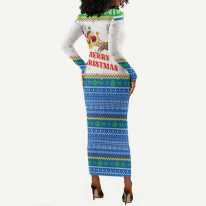 Sierra Leone Christmas Long Sleeve Bodycon Dress Festive Pattern Golden Lion Emblem and Santa Sleigh - African Pride