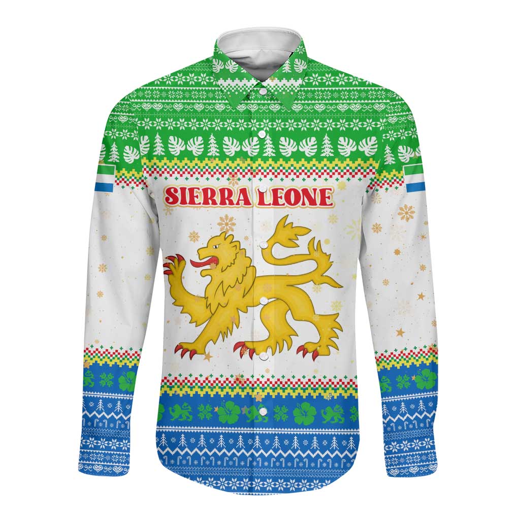 Sierra Leone Christmas Long Sleeve Button Shirt Festive Pattern Golden Lion Emblem and Santa Sleigh - African Pride