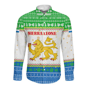 Sierra Leone Christmas Long Sleeve Button Shirt Festive Pattern Golden Lion Emblem and Santa Sleigh - African Pride