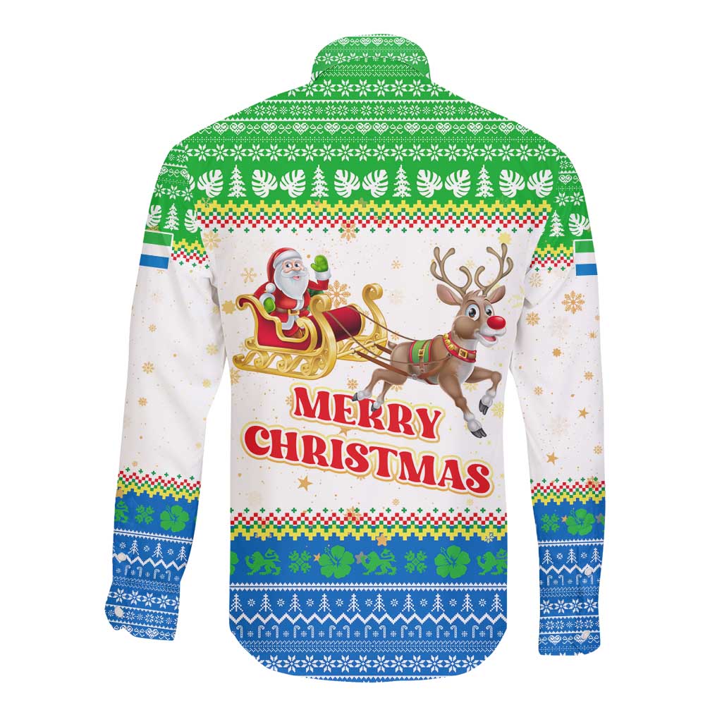 Sierra Leone Christmas Long Sleeve Button Shirt Festive Pattern Golden Lion Emblem and Santa Sleigh - African Pride