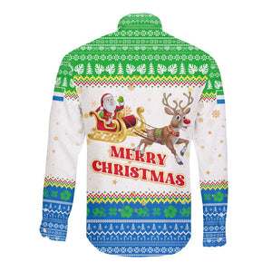 Sierra Leone Christmas Long Sleeve Button Shirt Festive Pattern Golden Lion Emblem and Santa Sleigh - African Pride