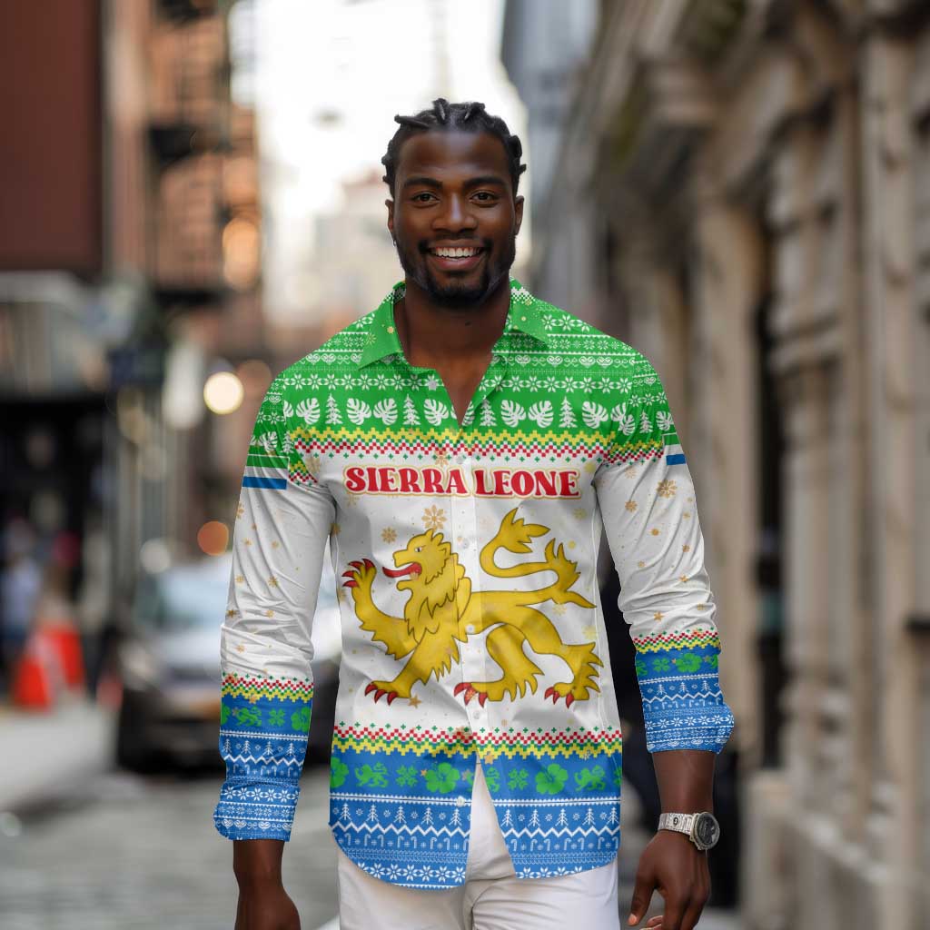 Sierra Leone Christmas Long Sleeve Button Shirt Festive Pattern Golden Lion Emblem and Santa Sleigh - African Pride
