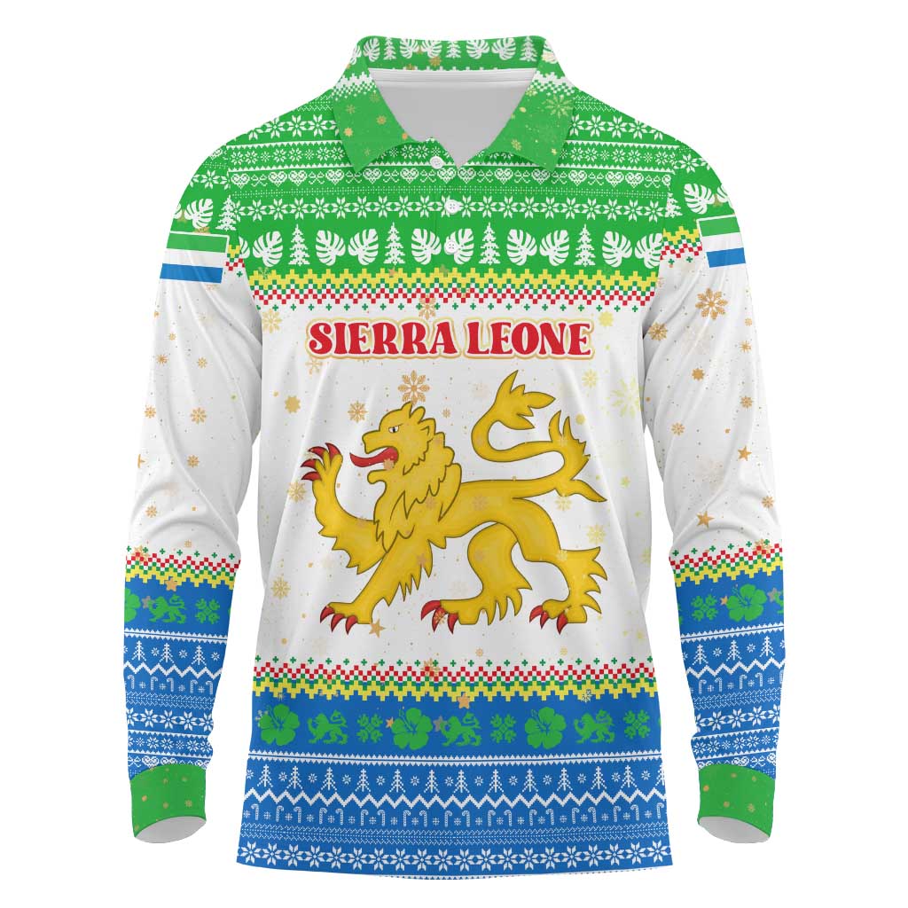 Sierra Leone Christmas Long Sleeve Polo Shirt Festive Pattern Golden Lion Emblem and Santa Sleigh - African Pride