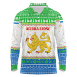 Sierra Leone Christmas Long Sleeve Polo Shirt Festive Pattern Golden Lion Emblem and Santa Sleigh - African Pride