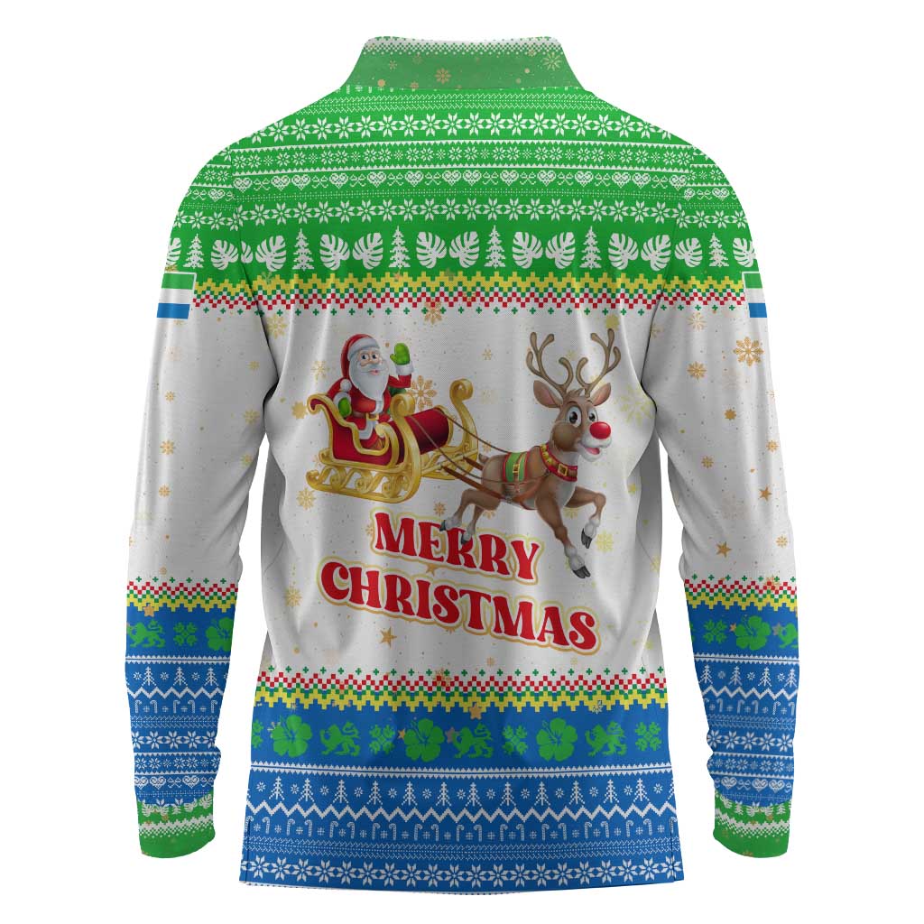Sierra Leone Christmas Long Sleeve Polo Shirt Festive Pattern Golden Lion Emblem and Santa Sleigh - African Pride