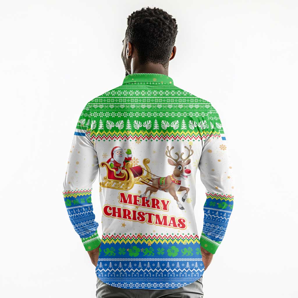 Sierra Leone Christmas Long Sleeve Polo Shirt Festive Pattern Golden Lion Emblem and Santa Sleigh - African Pride