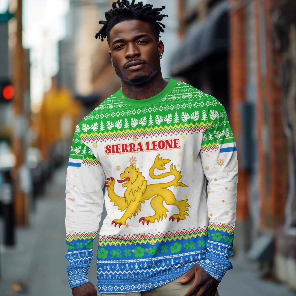 Sierra Leone Christmas Long Sleeve Shirt Festive Pattern Golden Lion Emblem and Santa Sleigh - African Pride