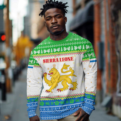 Sierra Leone Christmas Long Sleeve Shirt Festive Pattern Golden Lion Emblem and Santa Sleigh - African Pride
