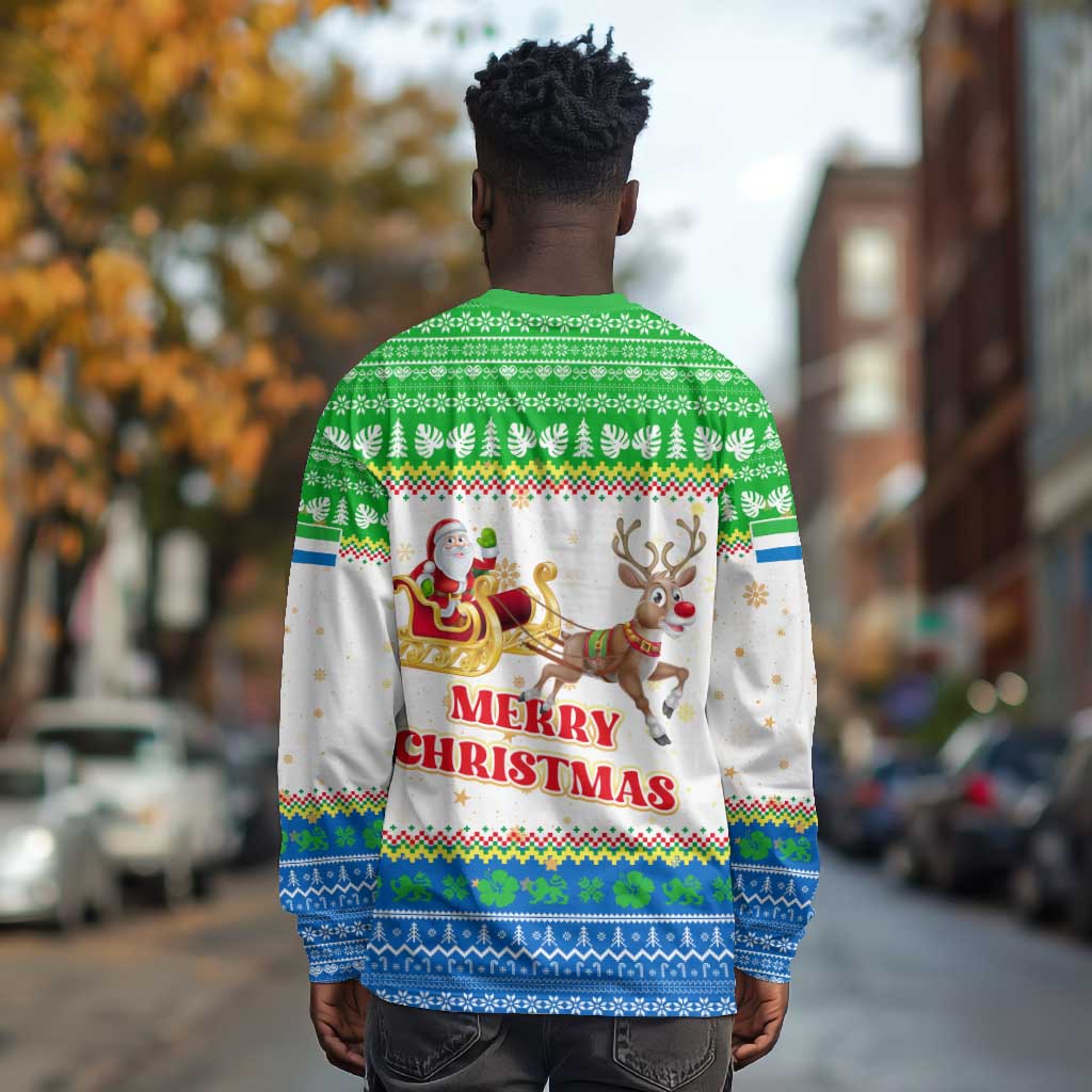 Sierra Leone Christmas Long Sleeve Shirt Festive Pattern Golden Lion Emblem and Santa Sleigh - African Pride