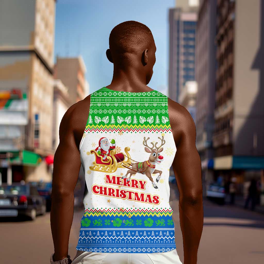Sierra Leone Christmas Men Tank Top Festive Pattern Golden Lion Emblem and Santa Sleigh - African Pride