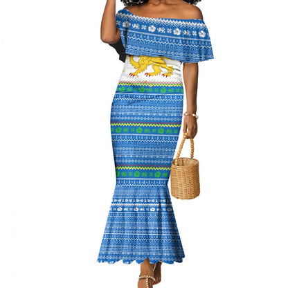 Sierra Leone Christmas Mermaid Dress Festive Pattern Golden Lion Emblem and Santa Sleigh - African Pride