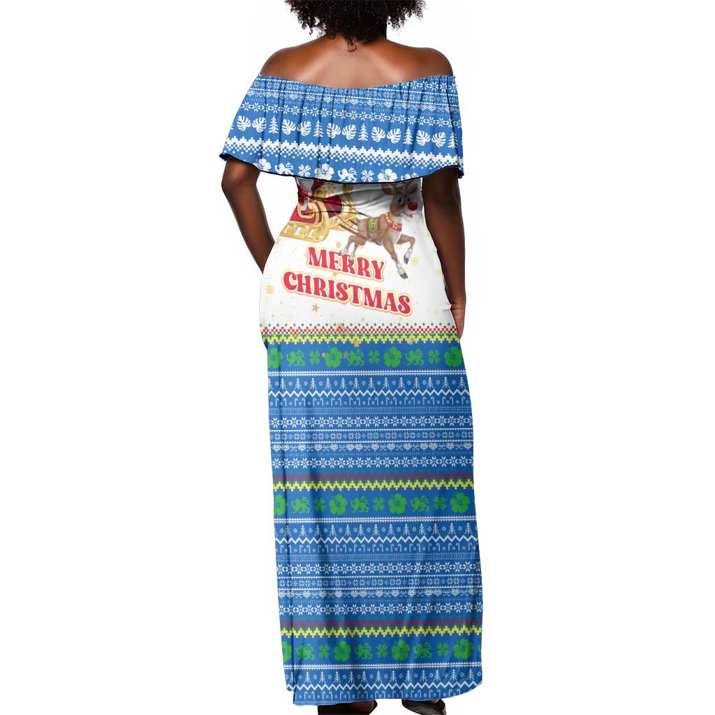 Sierra Leone Christmas Off Shoulder Maxi Dress Festive Pattern Golden Lion Emblem and Santa Sleigh - African Pride