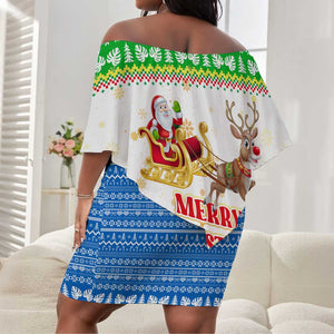 Sierra Leone Christmas Off Shoulder Short Dress Festive Pattern Golden Lion Emblem and Santa Sleigh - African Pride