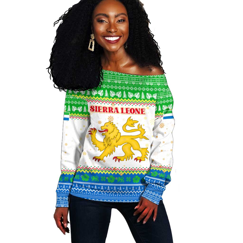 Sierra Leone Christmas Off Shoulder Sweater Festive Pattern Golden Lion Emblem and Santa Sleigh - African Pride