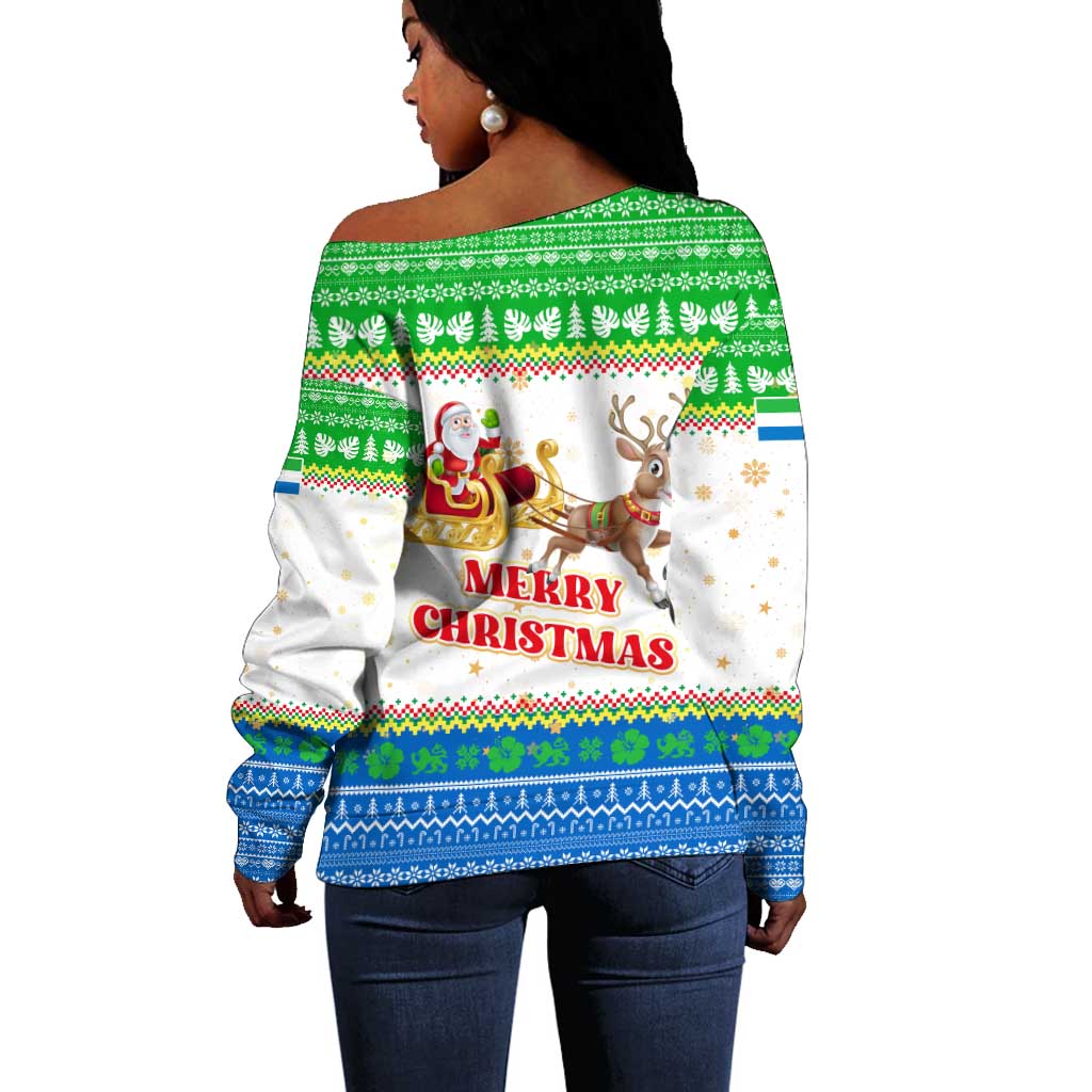 Sierra Leone Christmas Off Shoulder Sweater Festive Pattern Golden Lion Emblem and Santa Sleigh - African Pride