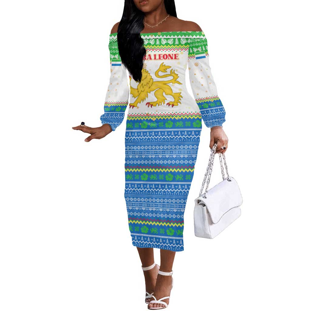 Sierra Leone Christmas Off The Shoulder Long Sleeve Dress Festive Pattern Golden Lion Emblem and Santa Sleigh - African Pride