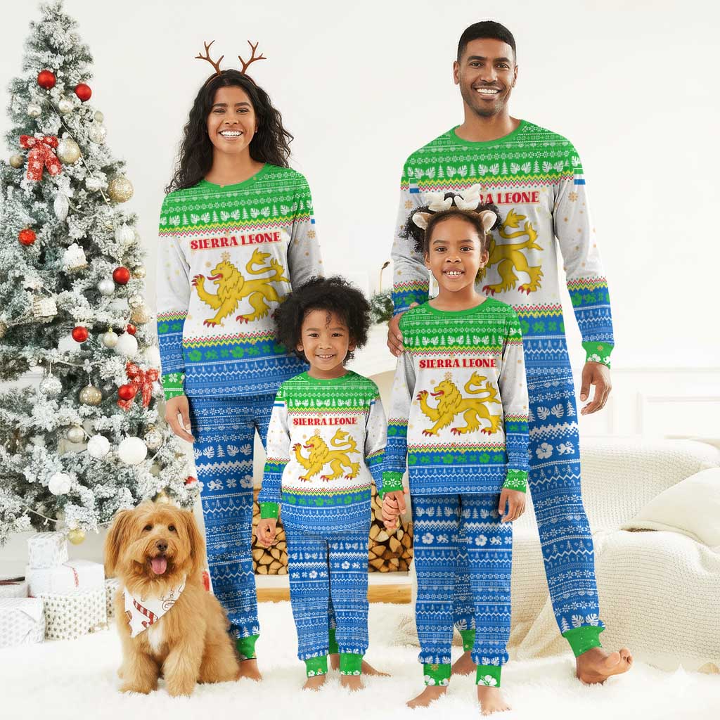 Sierra Leone Christmas Pajama Set Festive Pattern Golden Lion Emblem and Santa Sleigh - African Pride
