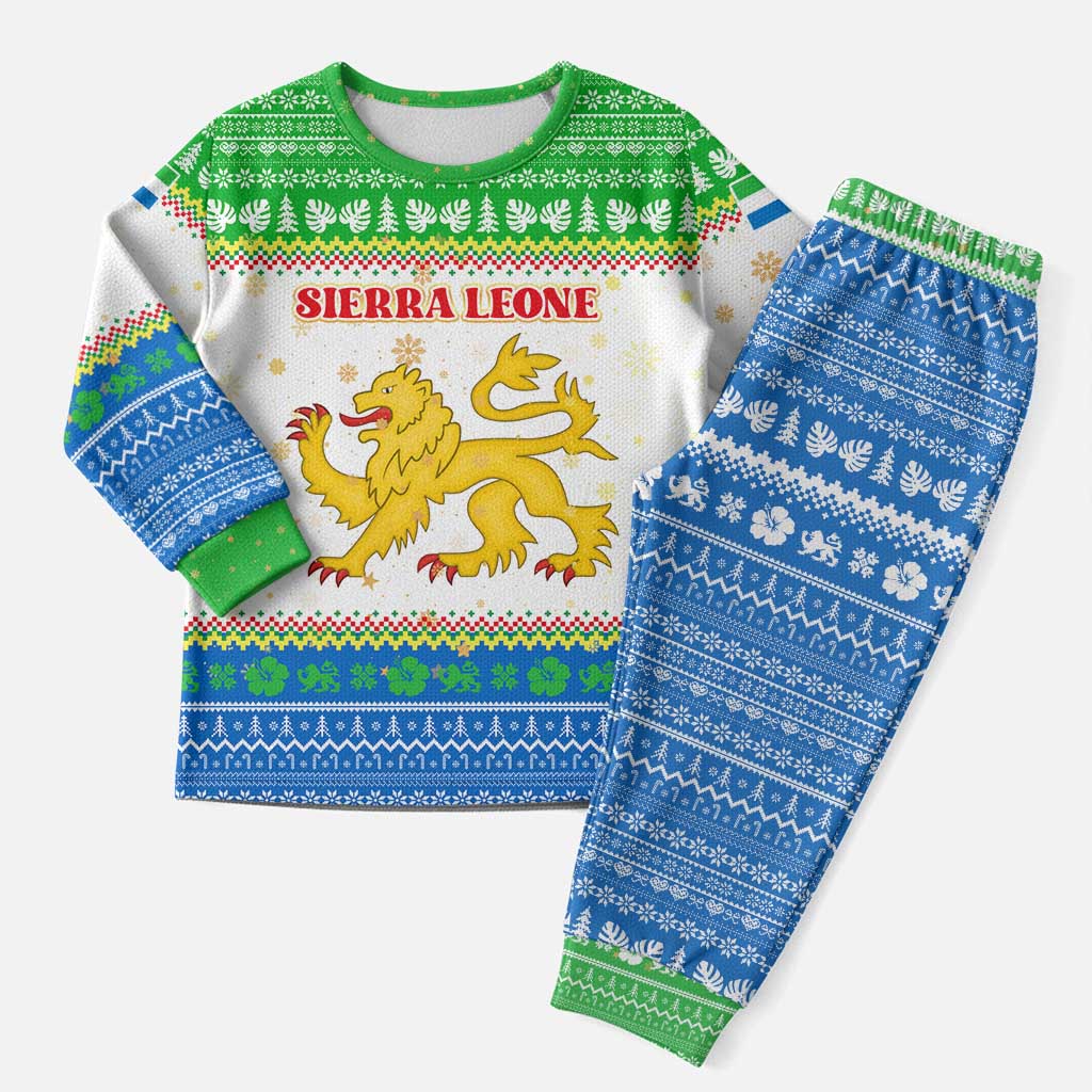 Sierra Leone Christmas Pajama Set Festive Pattern Golden Lion Emblem and Santa Sleigh - African Pride