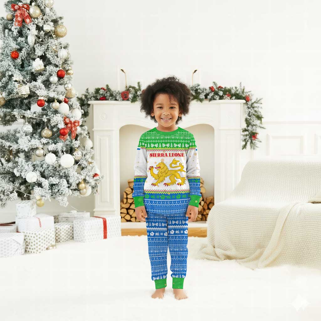 Sierra Leone Christmas Pajama Set Festive Pattern Golden Lion Emblem and Santa Sleigh - African Pride
