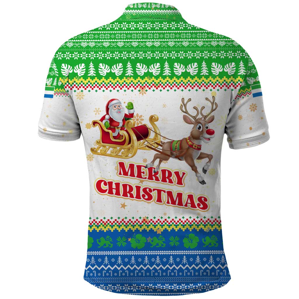 Sierra Leone Christmas Polo Shirt Festive Pattern Golden Lion Emblem and Santa Sleigh - African Pride
