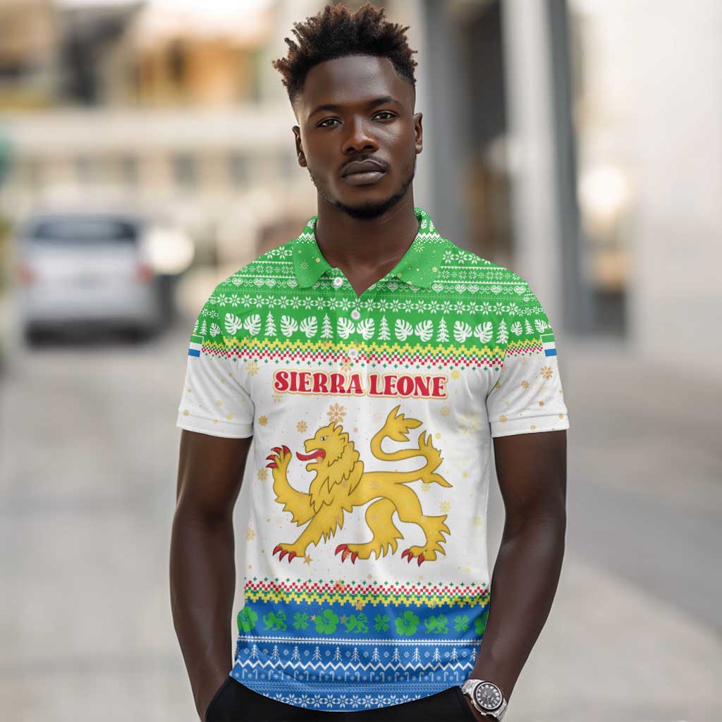 Sierra Leone Christmas Polo Shirt Festive Pattern Golden Lion Emblem and Santa Sleigh - African Pride