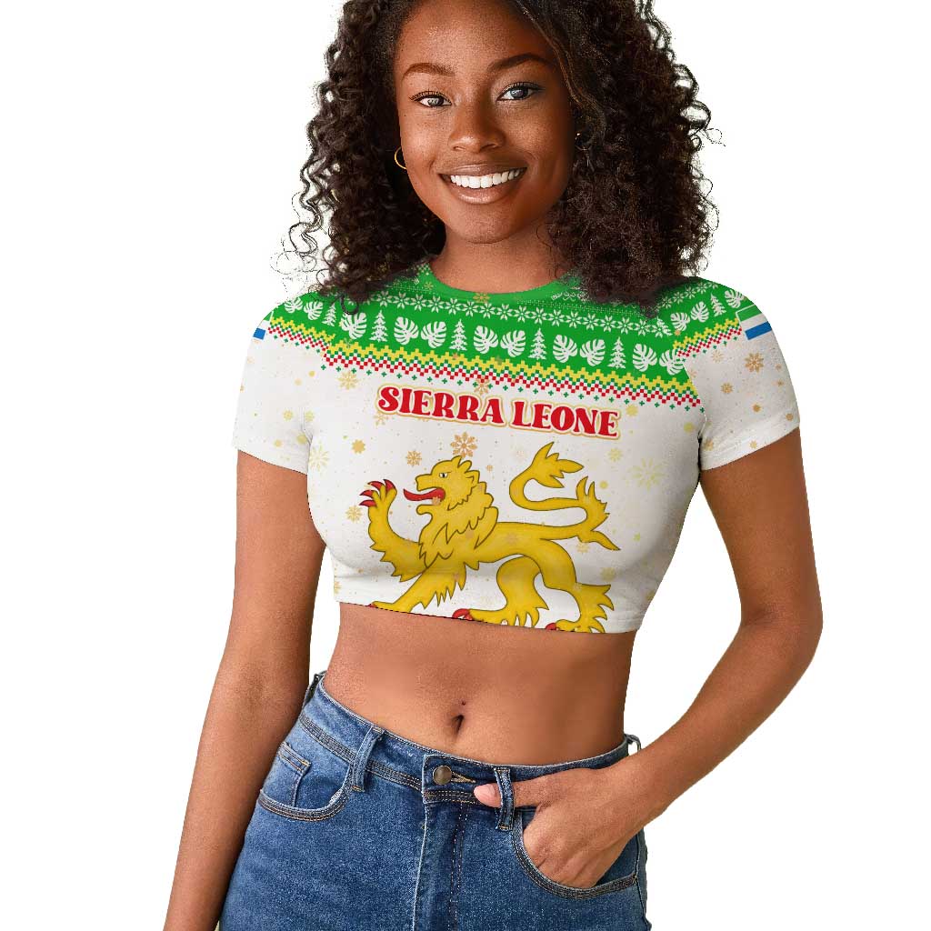 Sierra Leone Christmas Raglan Cropped T shirt Festive Pattern Golden Lion Emblem and Santa Sleigh - African Pride