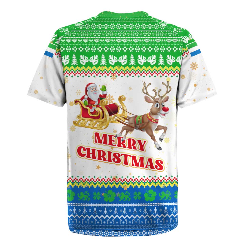 Sierra Leone Christmas Rugby Jersey Festive Pattern Golden Lion Emblem and Santa Sleigh - African Pride