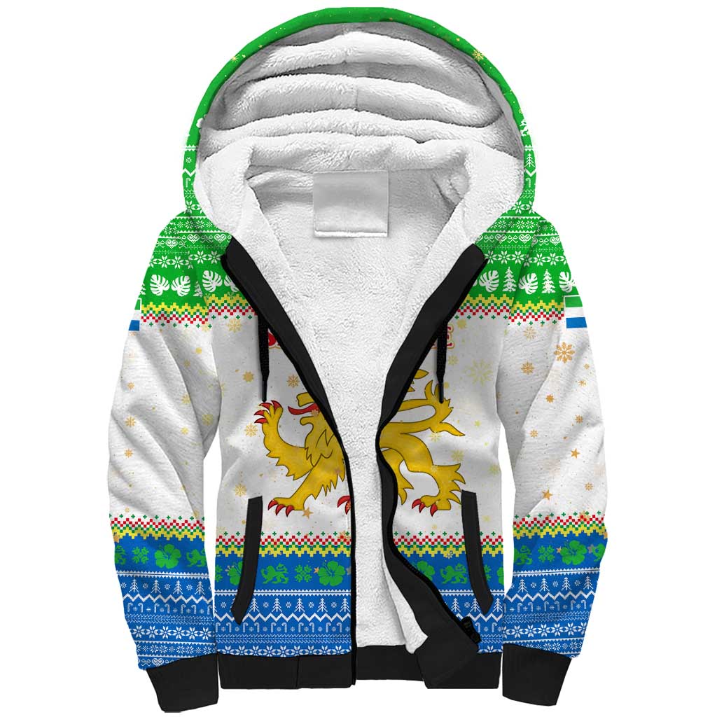 Sierra Leone Christmas Sherpa Hoodie Festive Pattern Golden Lion Emblem and Santa Sleigh - African Pride