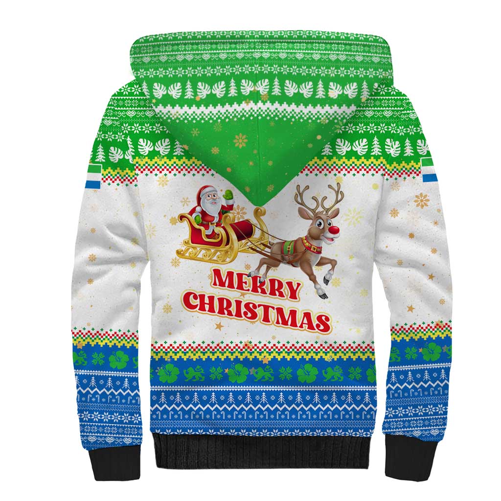Sierra Leone Christmas Sherpa Hoodie Festive Pattern Golden Lion Emblem and Santa Sleigh - African Pride