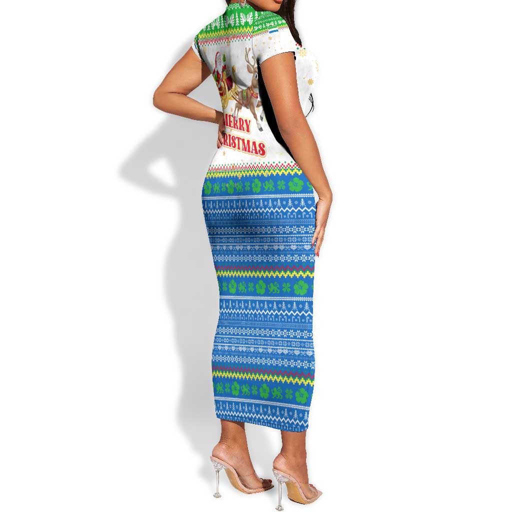 Sierra Leone Christmas Short Sleeve Bodycon Dress Festive Pattern Golden Lion Emblem and Santa Sleigh - African Pride