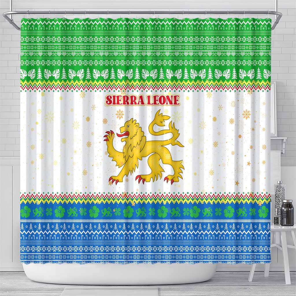 Sierra Leone Christmas Shower Curtain Festive Pattern Golden Lion Emblem and Santa Sleigh - African Pride