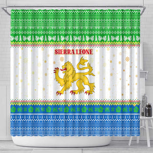 Sierra Leone Christmas Shower Curtain Festive Pattern Golden Lion Emblem and Santa Sleigh - African Pride
