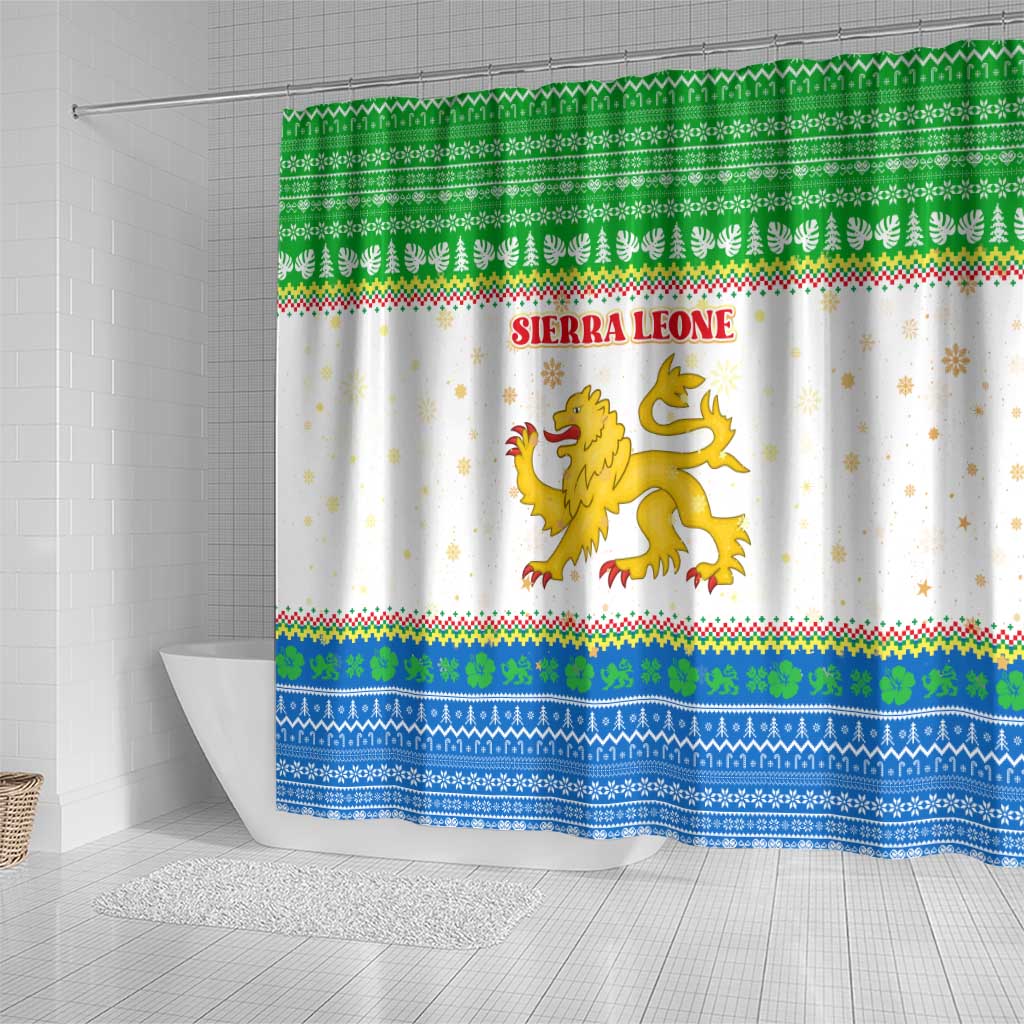 Sierra Leone Christmas Shower Curtain Festive Pattern Golden Lion Emblem and Santa Sleigh - African Pride