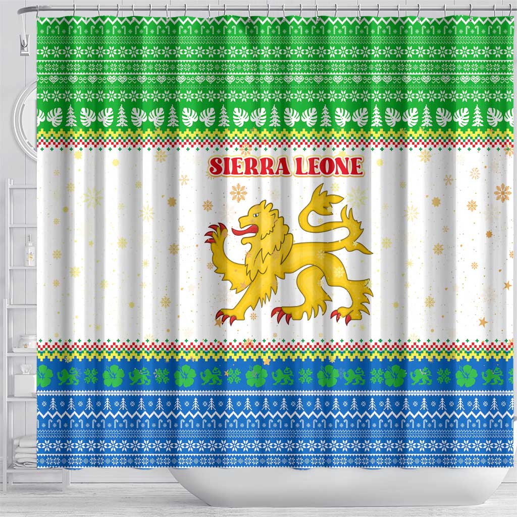 Sierra Leone Christmas Shower Curtain Festive Pattern Golden Lion Emblem and Santa Sleigh - African Pride
