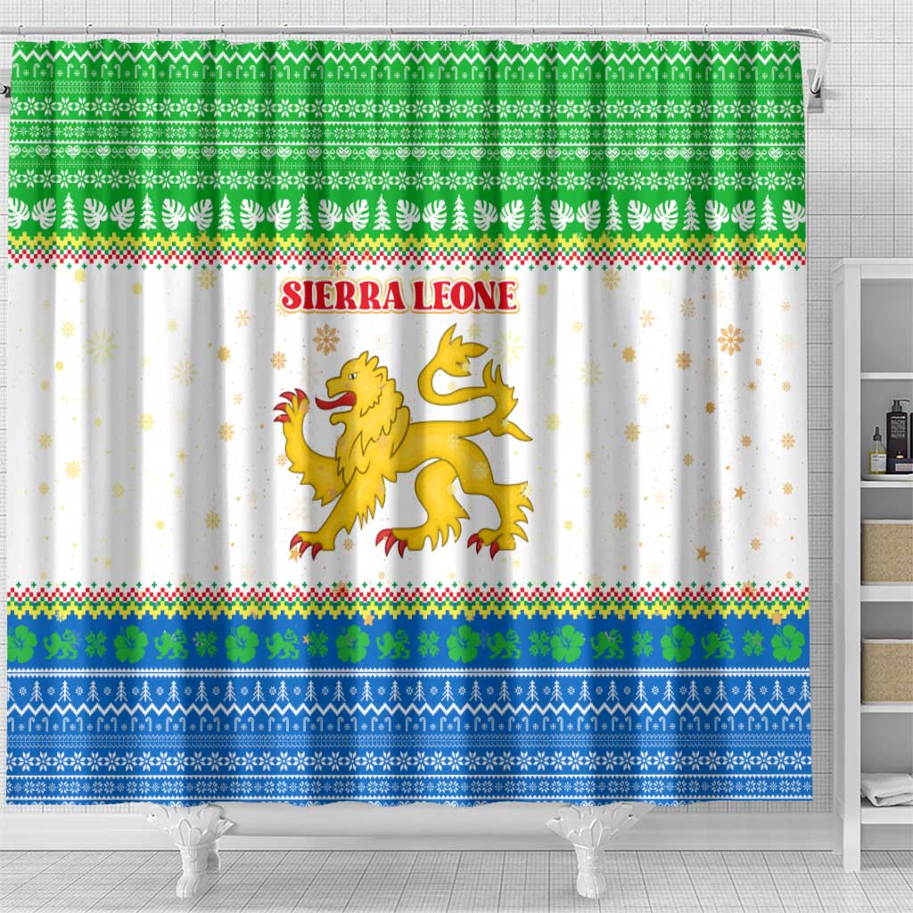 Sierra Leone Christmas Shower Curtain Festive Pattern Golden Lion Emblem and Santa Sleigh - African Pride