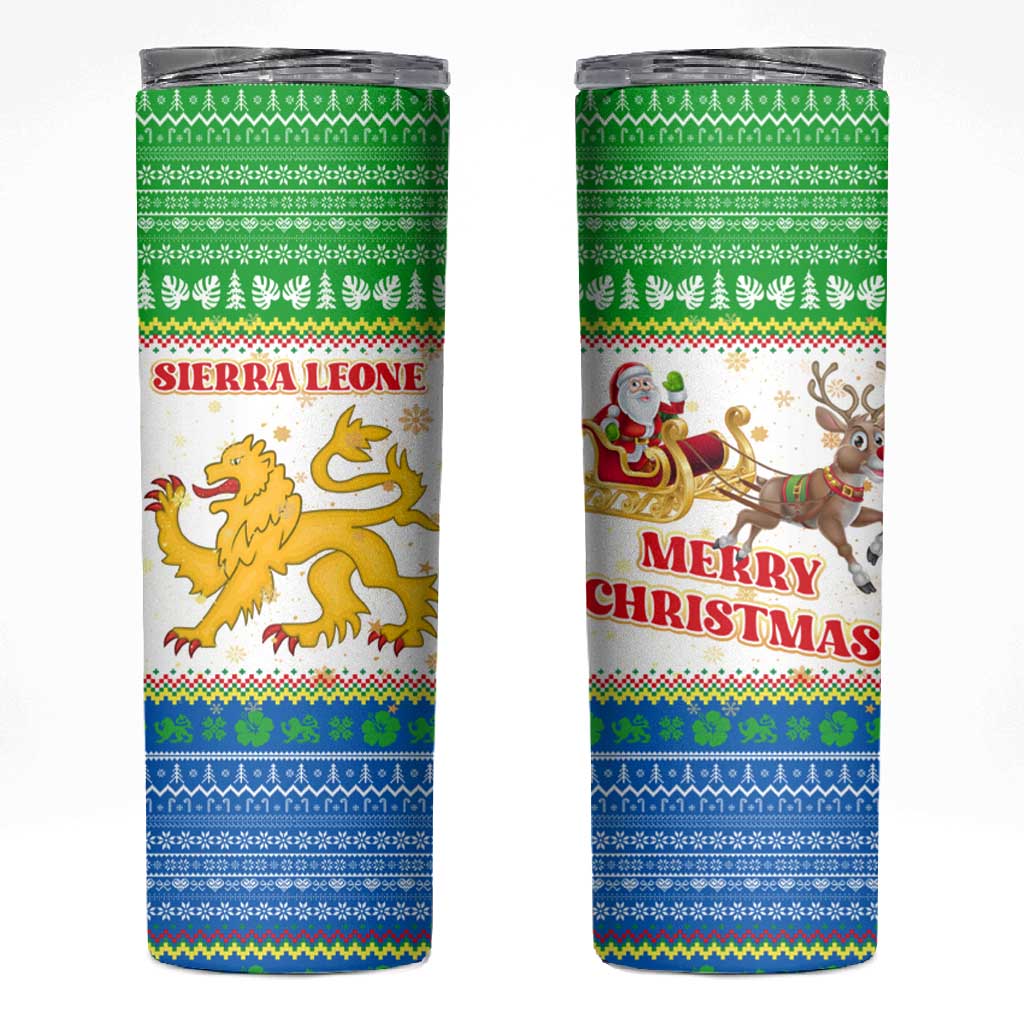 Sierra Leone Christmas Skinny Tumbler Festive Pattern Golden Lion Emblem and Santa Sleigh - African Pride