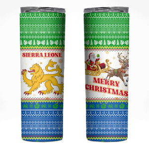 Sierra Leone Christmas Skinny Tumbler Festive Pattern Golden Lion Emblem and Santa Sleigh - African Pride
