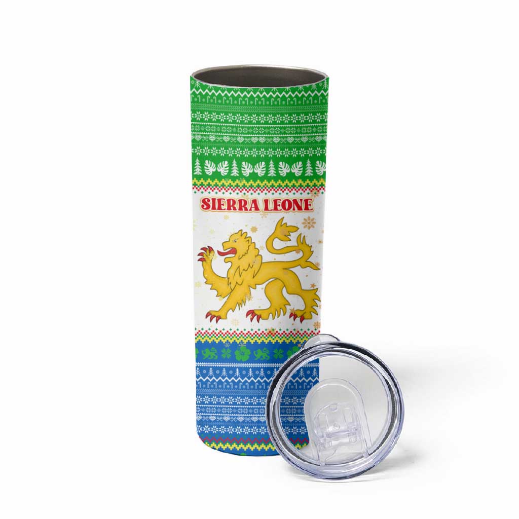 Sierra Leone Christmas Skinny Tumbler Festive Pattern Golden Lion Emblem and Santa Sleigh - African Pride
