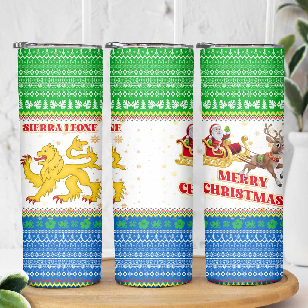 Sierra Leone Christmas Skinny Tumbler Festive Pattern Golden Lion Emblem and Santa Sleigh - African Pride